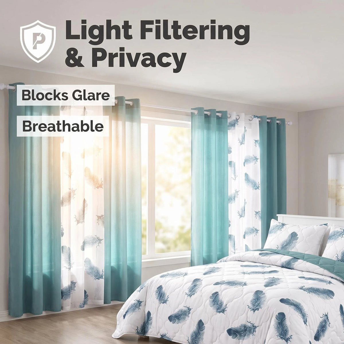 Couche de lit et jeu de rideaux en plume bleue 9 pièces