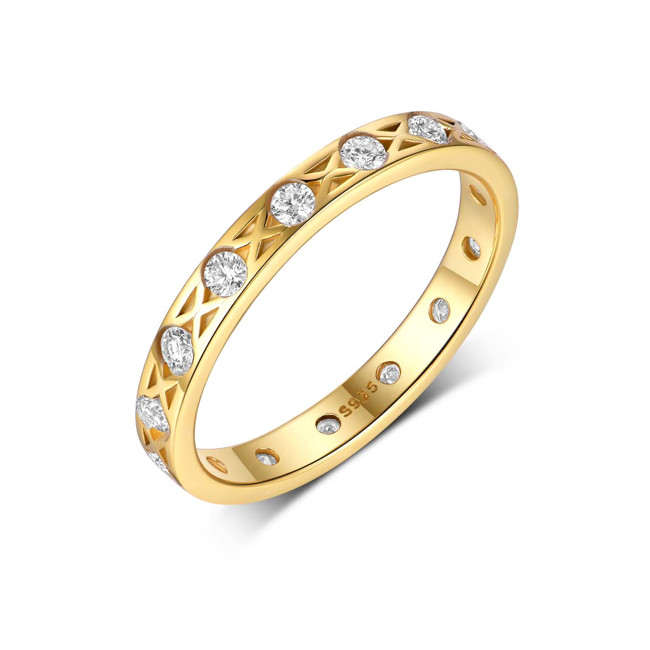 S925 Argent Or plaqué 14-Stone Moissanite X-Pattern Anneau d'éternité 1,9g D Couleur VVS1 US S