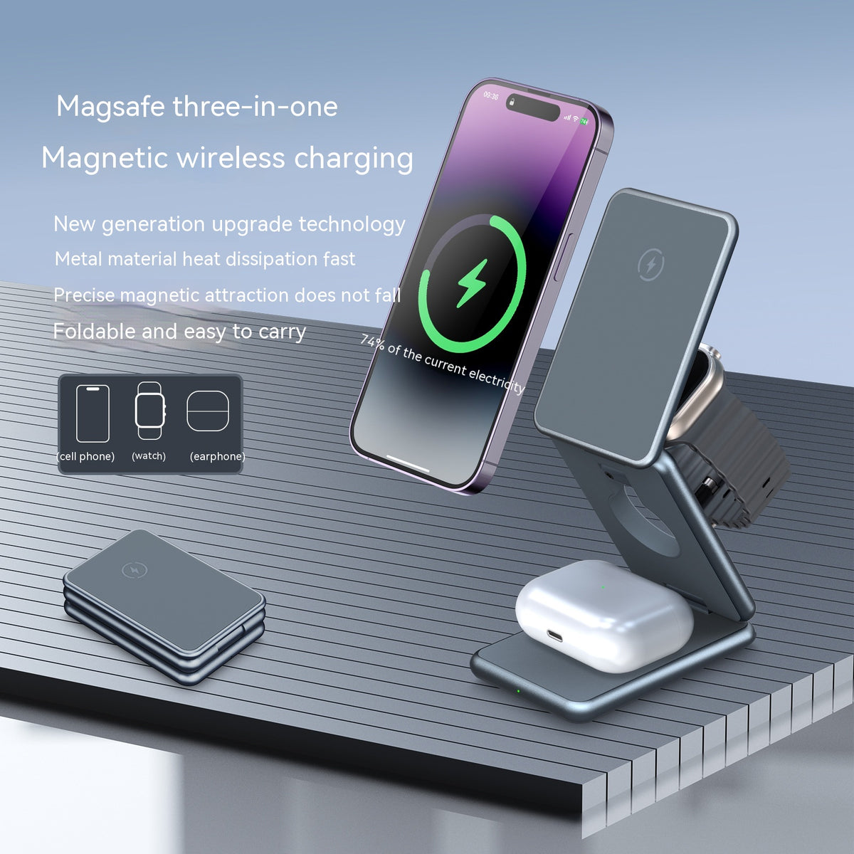Aluminium Alliage pliant Support de charge sans fil Casque d'écoute pour téléphone portable Trois en un 1
