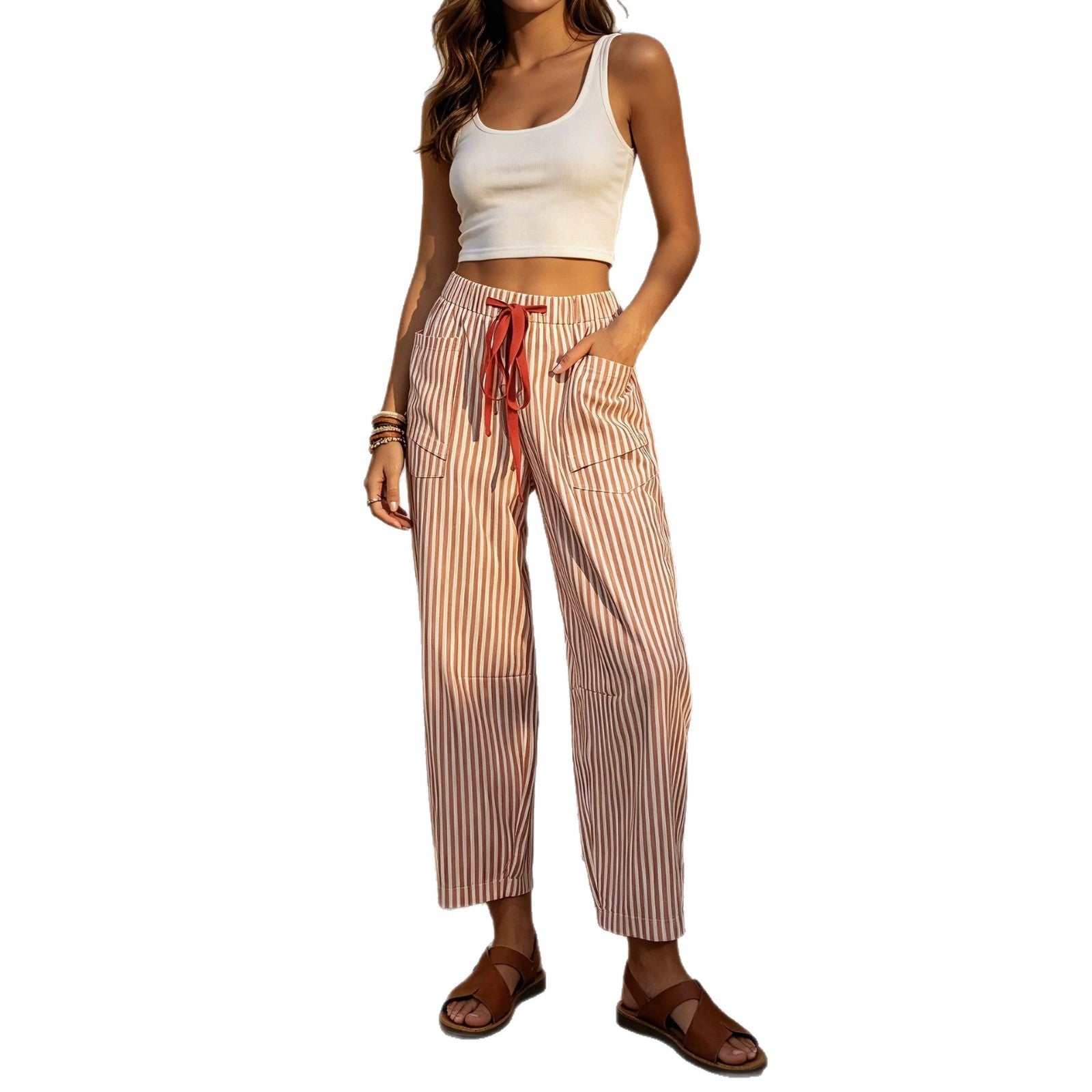 Pantalon pour femmes à poil élastique à imprimé rayé occasionnel