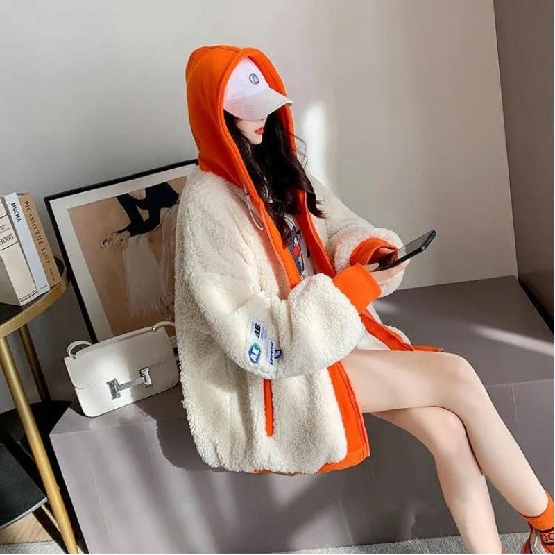 Patchwork de style coréen à capuche à capuche en bloc de couleur Manteau pour femmes