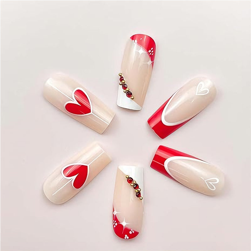 24 PCS rouge et blanc cœur ongles art