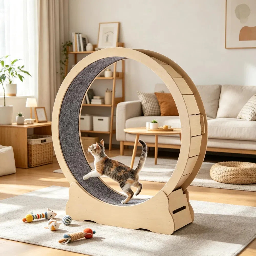 Roue d'exercice en bois de chat