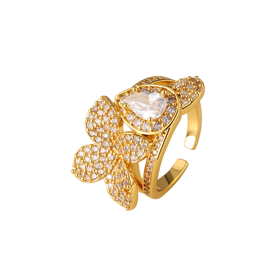 Femmes Poire Florale Halo CZ Anneau ouvert