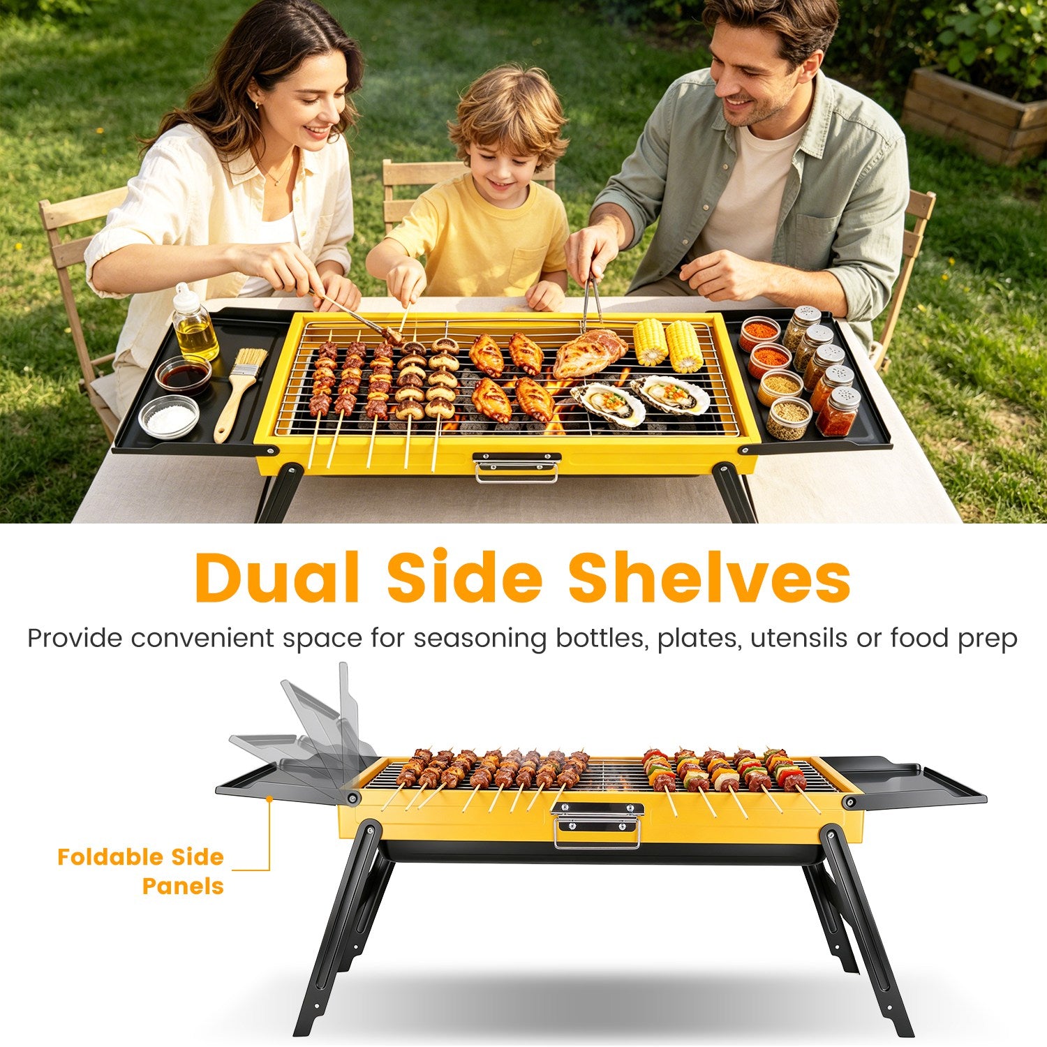 1Pc Portable pliant Charcoal Grill en acier inoxydable Camping BBQ Grill avec panneaux latéraux Com