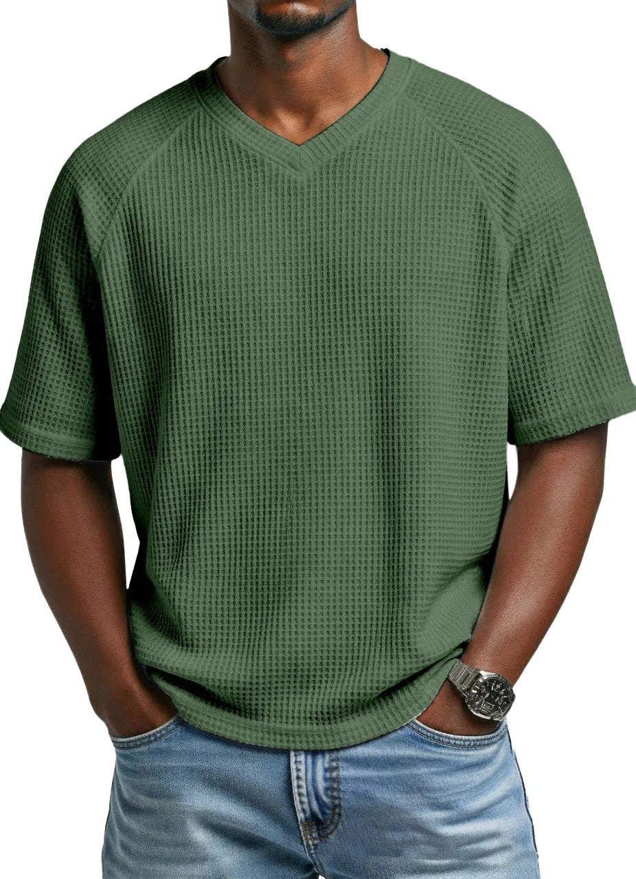 Hommes S Mode Waffle tricot côtelé manches V cou manches courtes T-shirt pour le transport quotidien