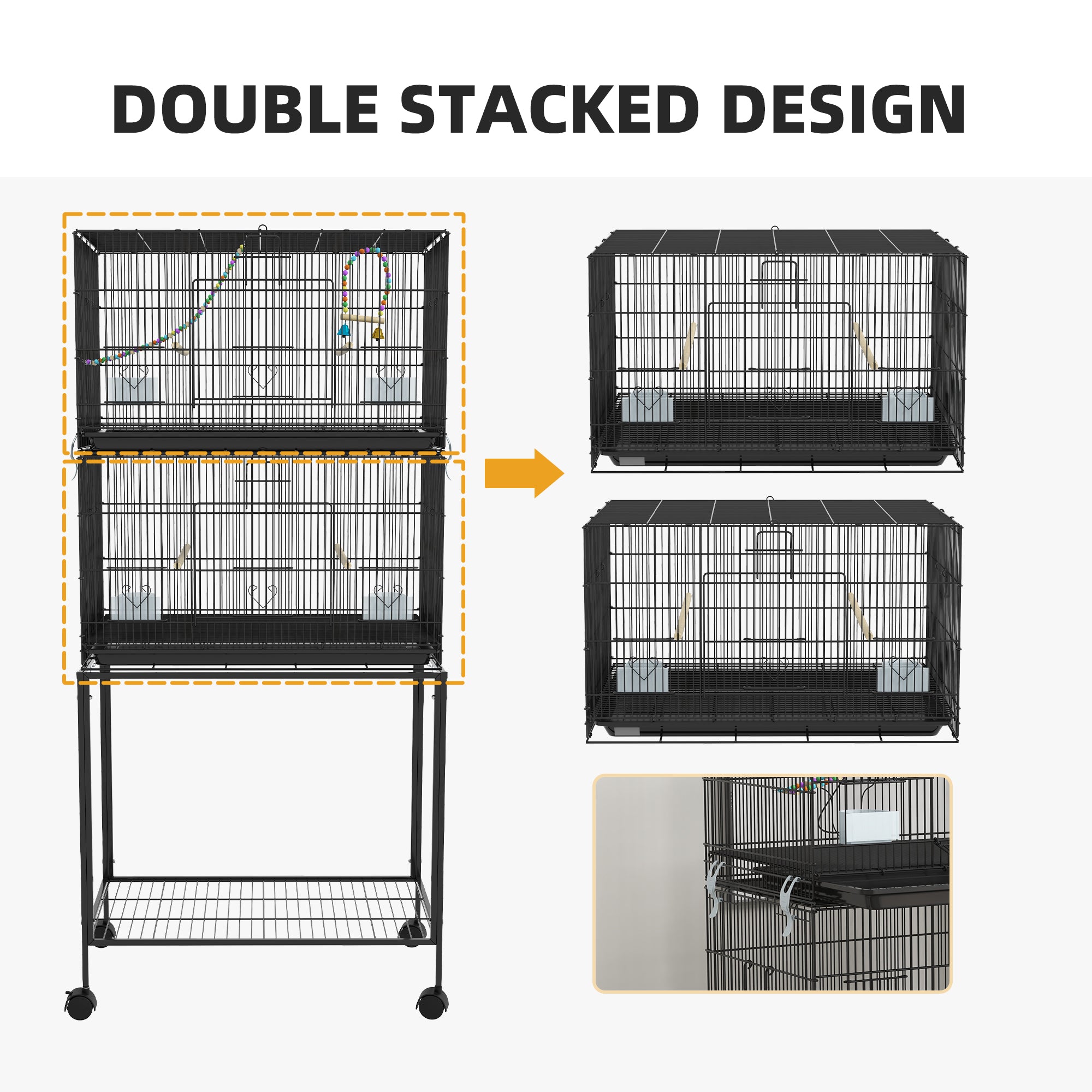 Double cage d'oiseau empilable sur roues avec support