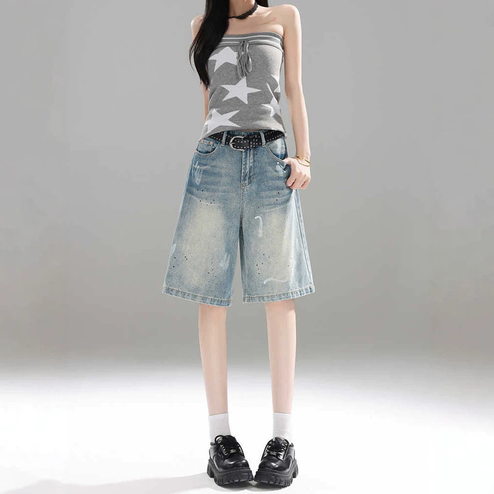 Retro Ink-Splatter Blue Wide-Leg Denim Capri Pantalons Femmes Été Leg Cropped Trou