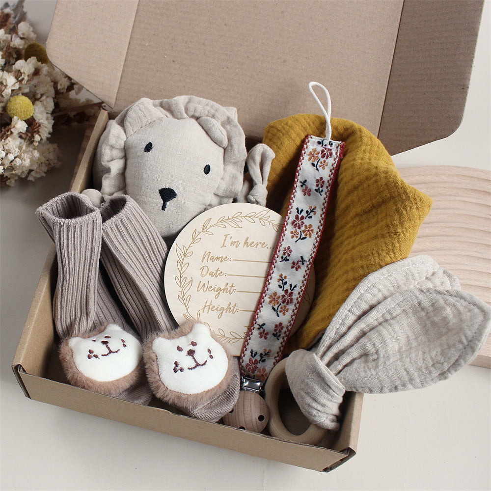 Bébé lapin Lion Appasing Serviettes Chaussettes Saliva Serviette Laver Cadeau Boîte Newborn Bite Anneau Cheveux B
