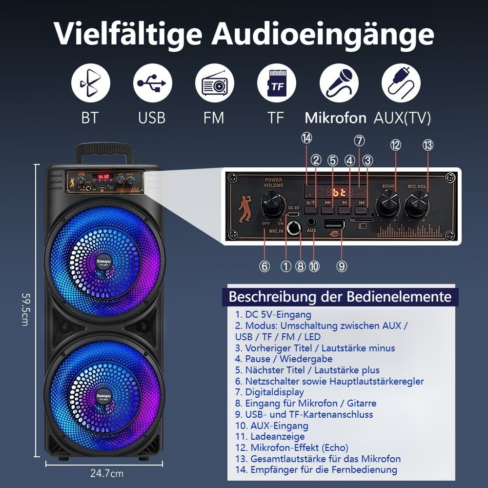 Large haut-parleur Bluetooth sans fil et boîte à musique avec microphone