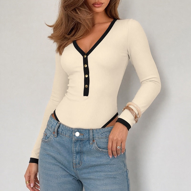 Maillot de saut en col V contrast-colore pour femmes