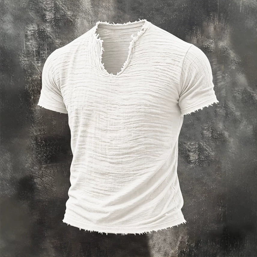 T-Shirt rétro doublé de coton avec l'ourlet en plumes et un manches courtes distinctive V-Neck