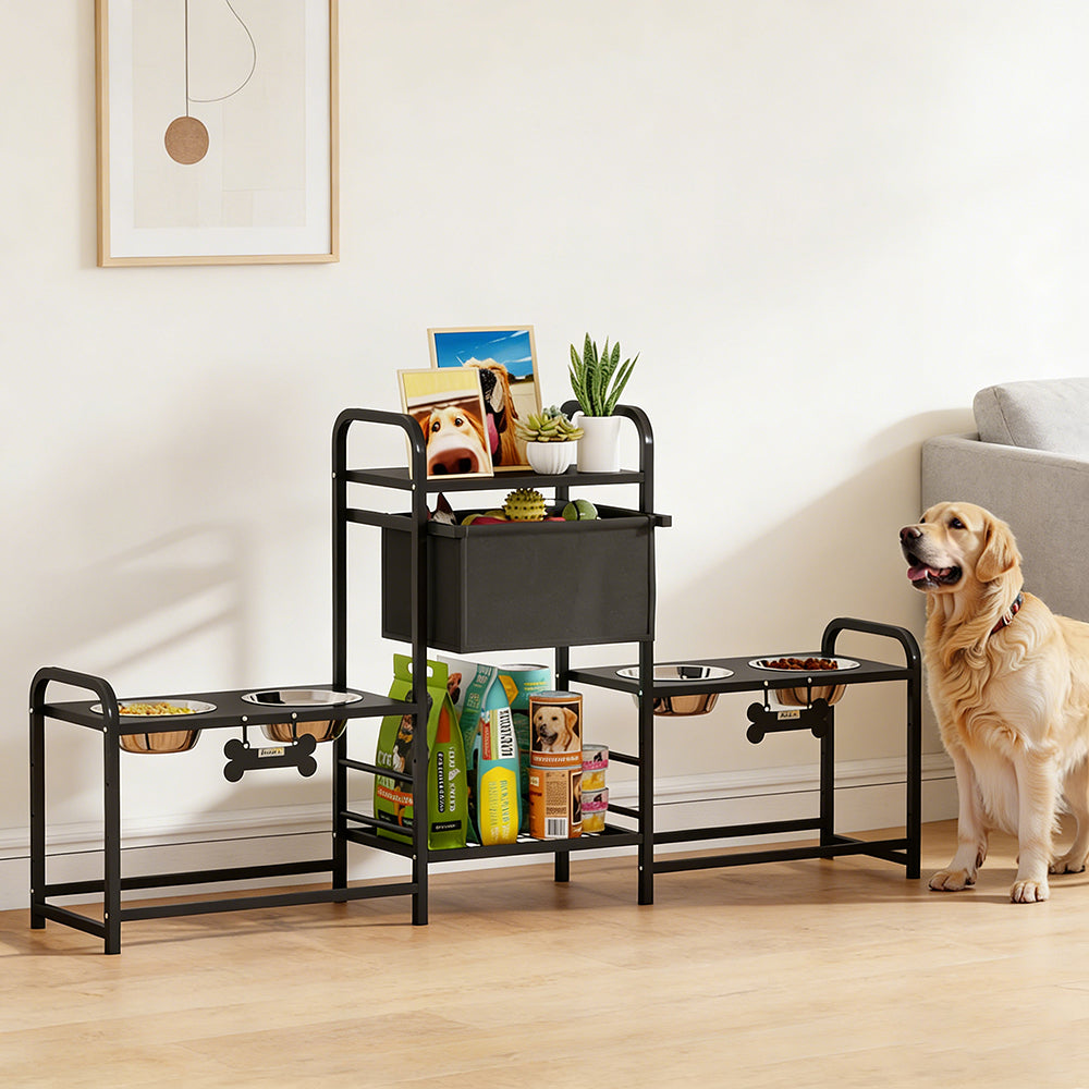 3-Height Adjustable Dog Bowl Stand, Oxford Cloth with Four Bowls