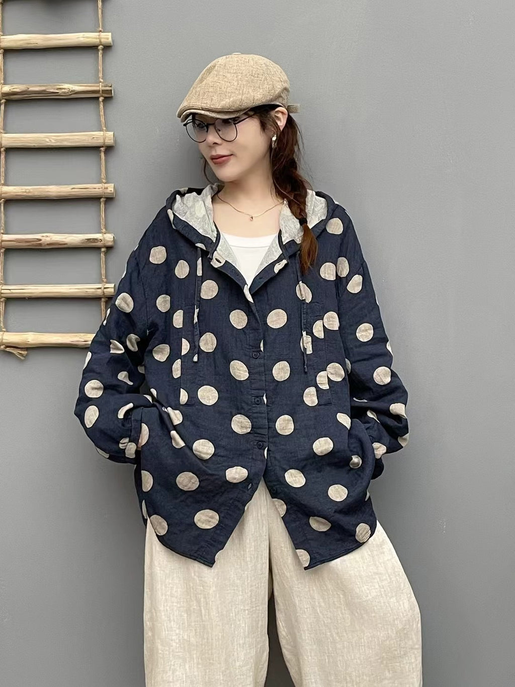 Femmes Cardigan Hoodie avec imprimé Polka-Dot