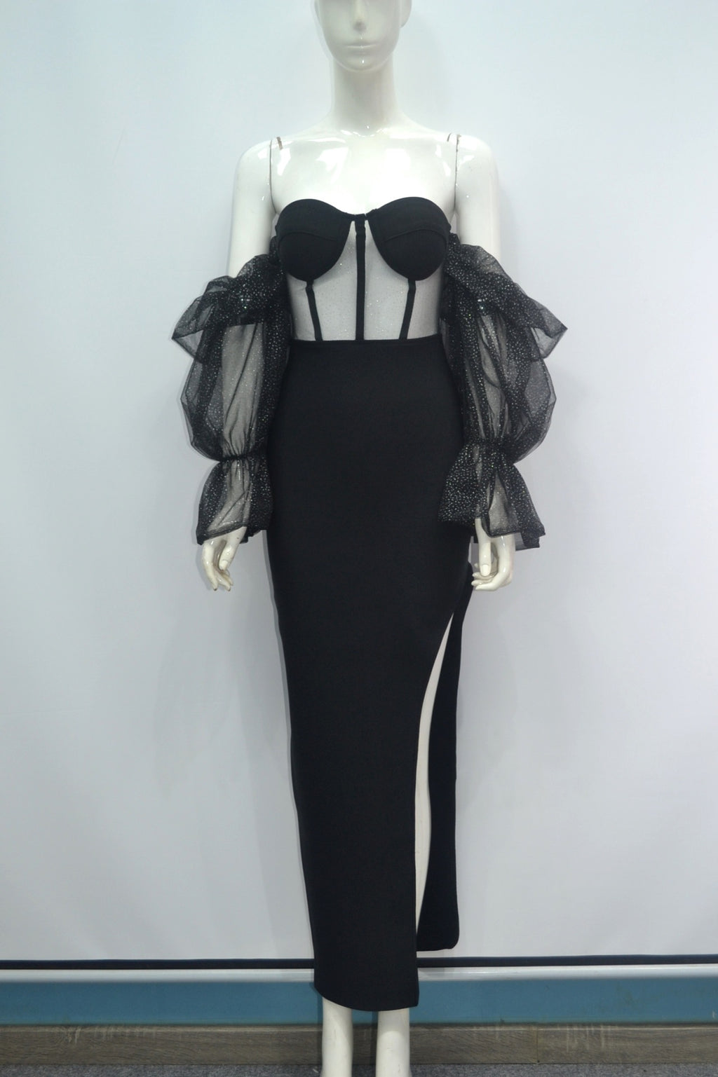 Niche Stretch Hors-épaule Mesh manches longues Élégante robe du soir