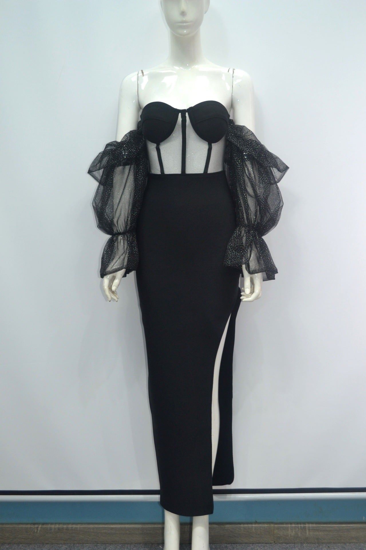 Niche Stretch Hors-épaule Mesh manches longues Élégante robe du soir