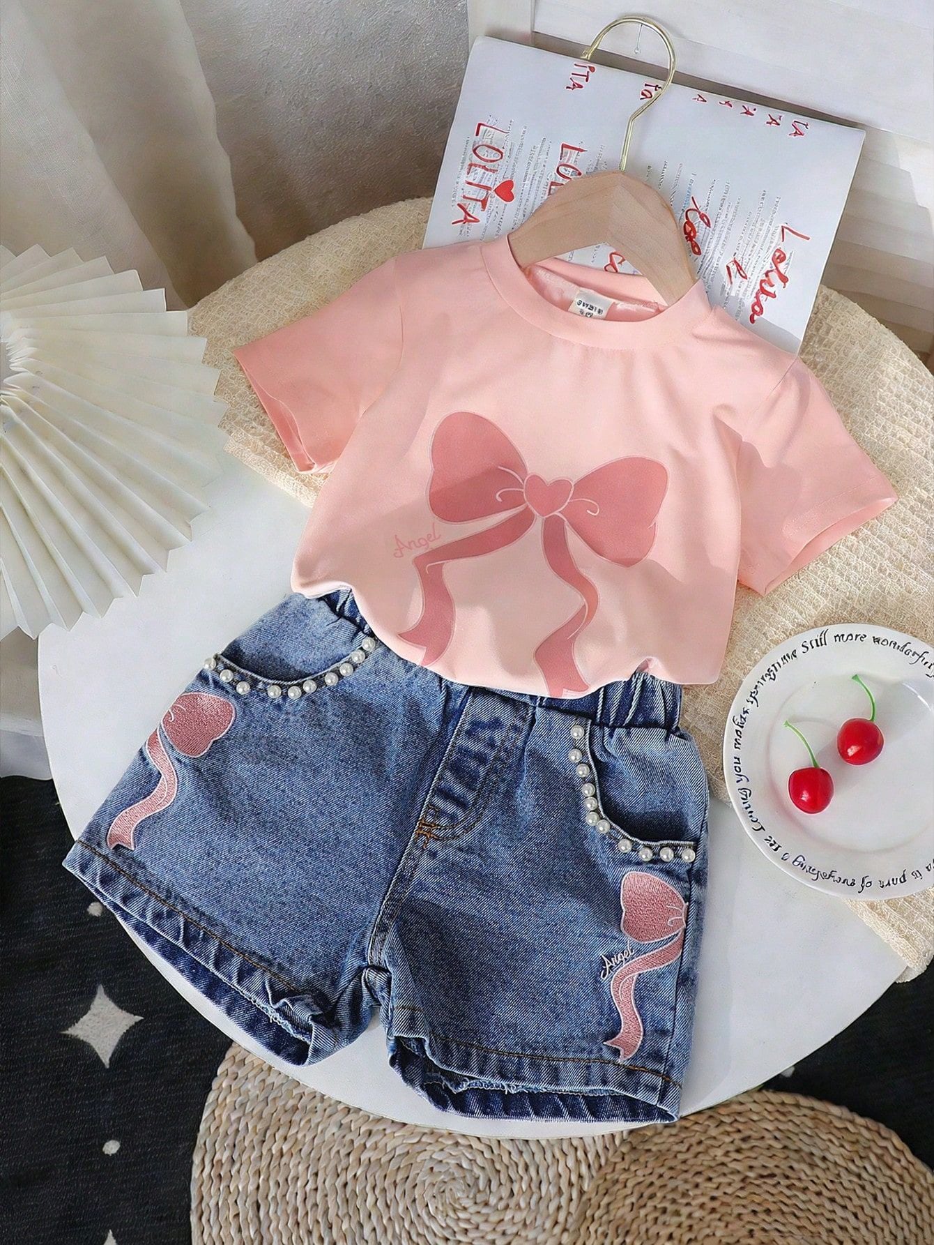 Filles Col rond Imprimé Top et Denim Jeans Set