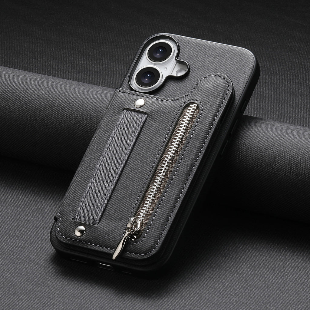 Etui de téléphone en cuir avec support et fermeture éclair