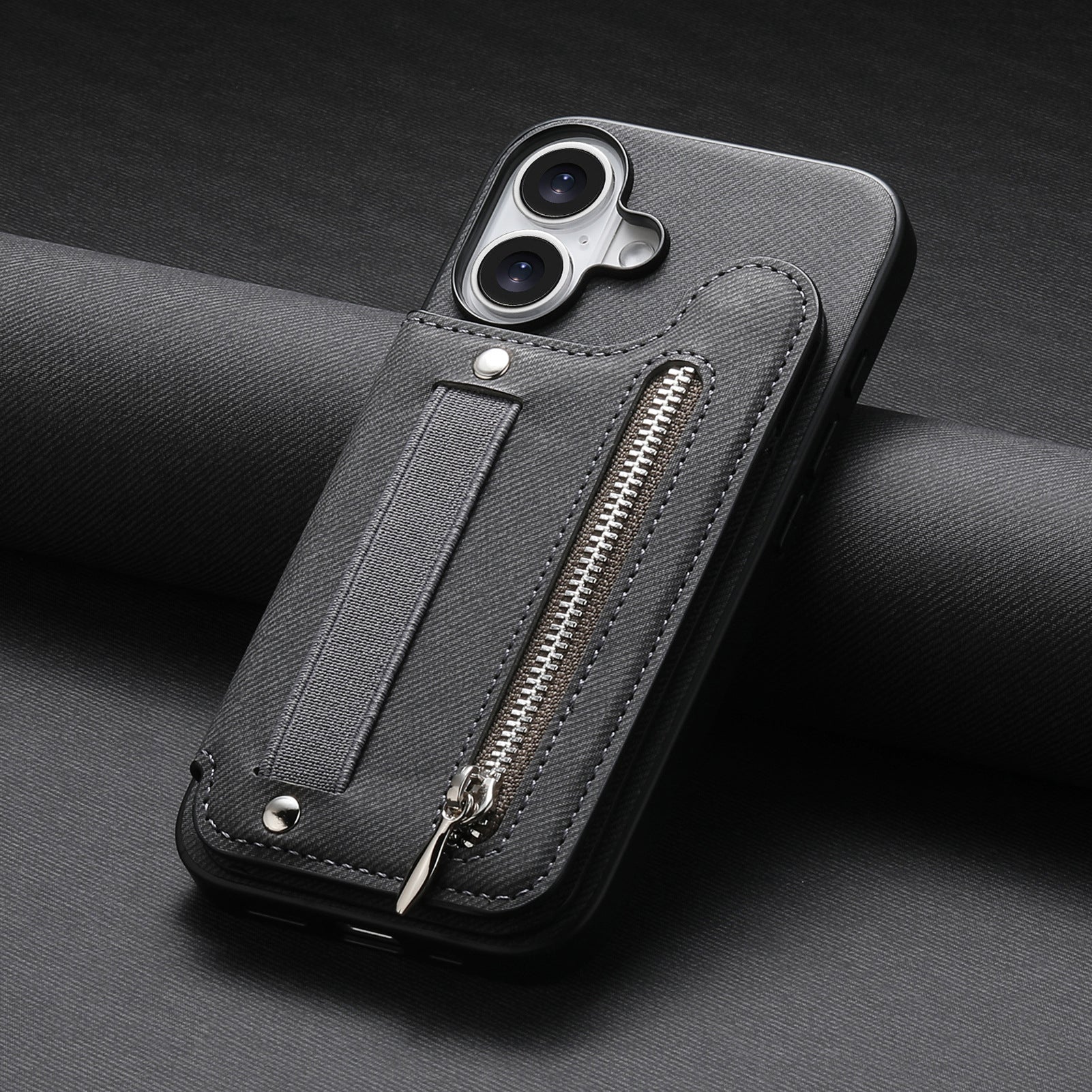 Etui de téléphone en cuir avec support et fermeture éclair