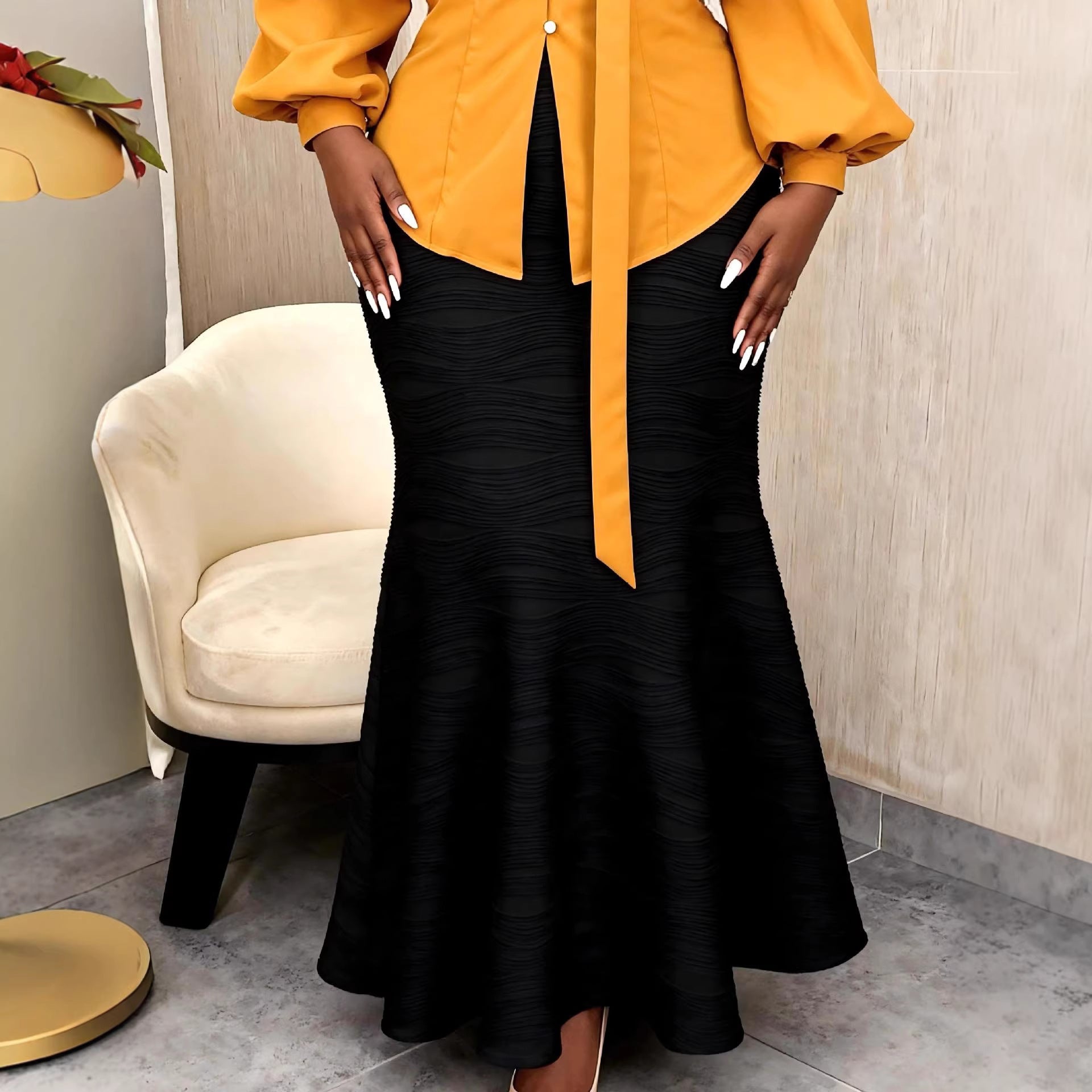 Fashionable Bubble-sleeve Waist-defined Ginger-jaune Deux pièces Top Set