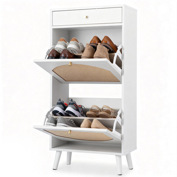 Cabinet de chaussures face au rotin avec 1 tiroir et 2 compartiments à rabattement