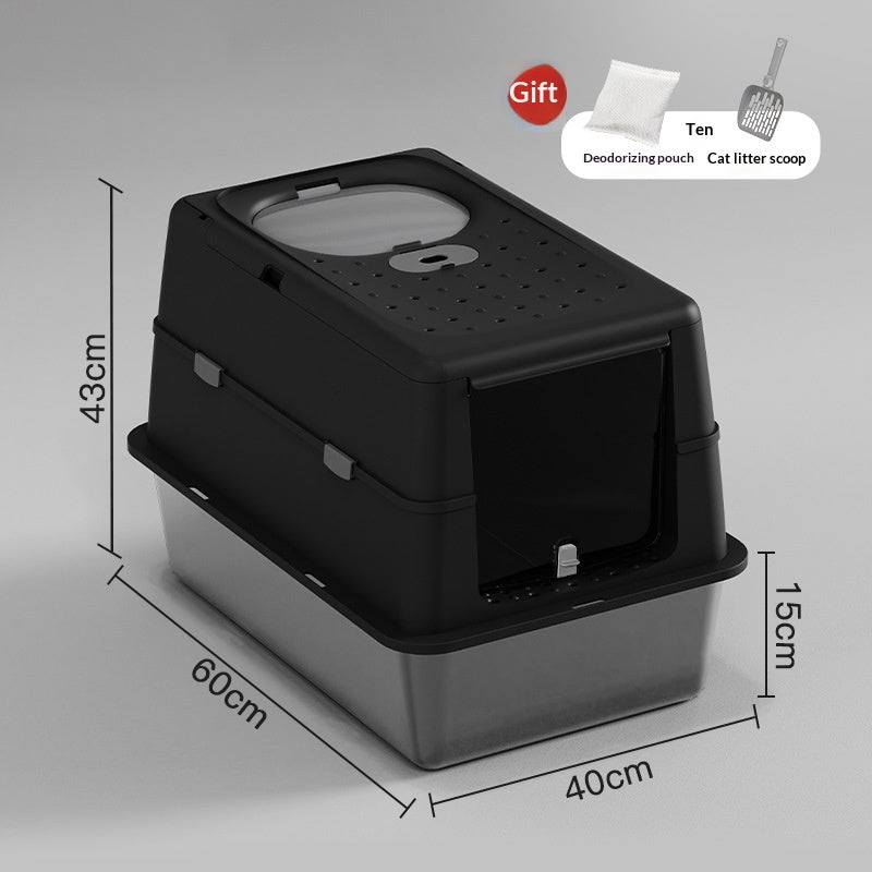 Boîte à litière pour chats en acier inoxydable avec couvercle de dessus en Flip