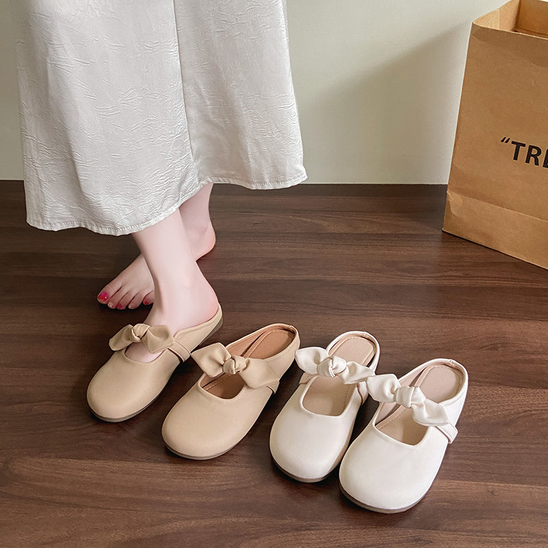 Women Gentle Girly Big Satin Bow Backless Mule Flats Matching Daily