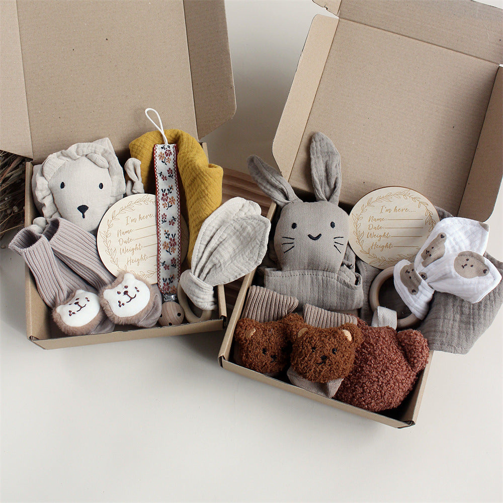 Bébé lapin Lion Appasing Serviettes Chaussettes Saliva Serviette Laver Cadeau Boîte Newborn Bite Anneau Cheveux B