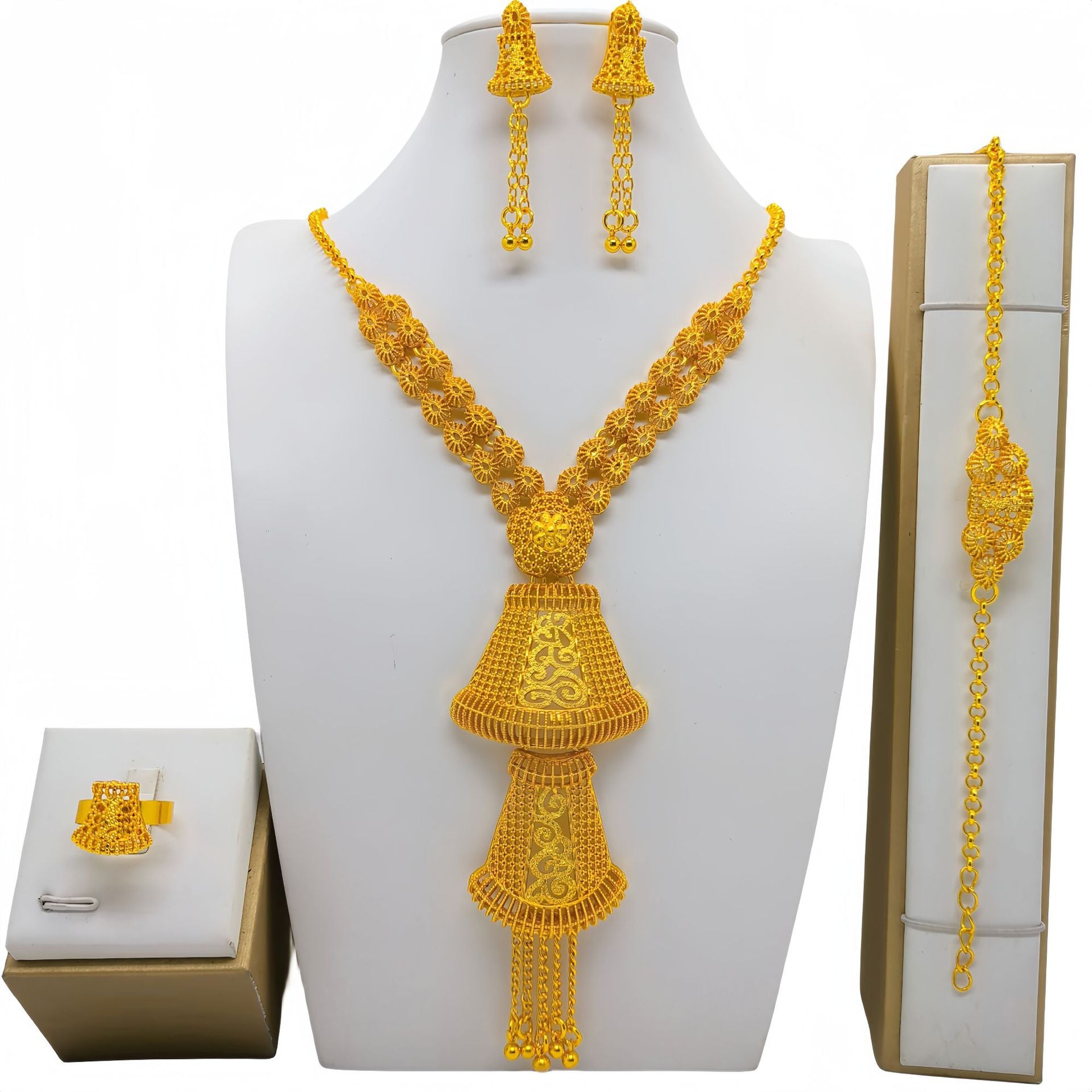 Bijoux d'or costume arabe Collier de mariage Bracelet Boucles d'oreilles Anneau