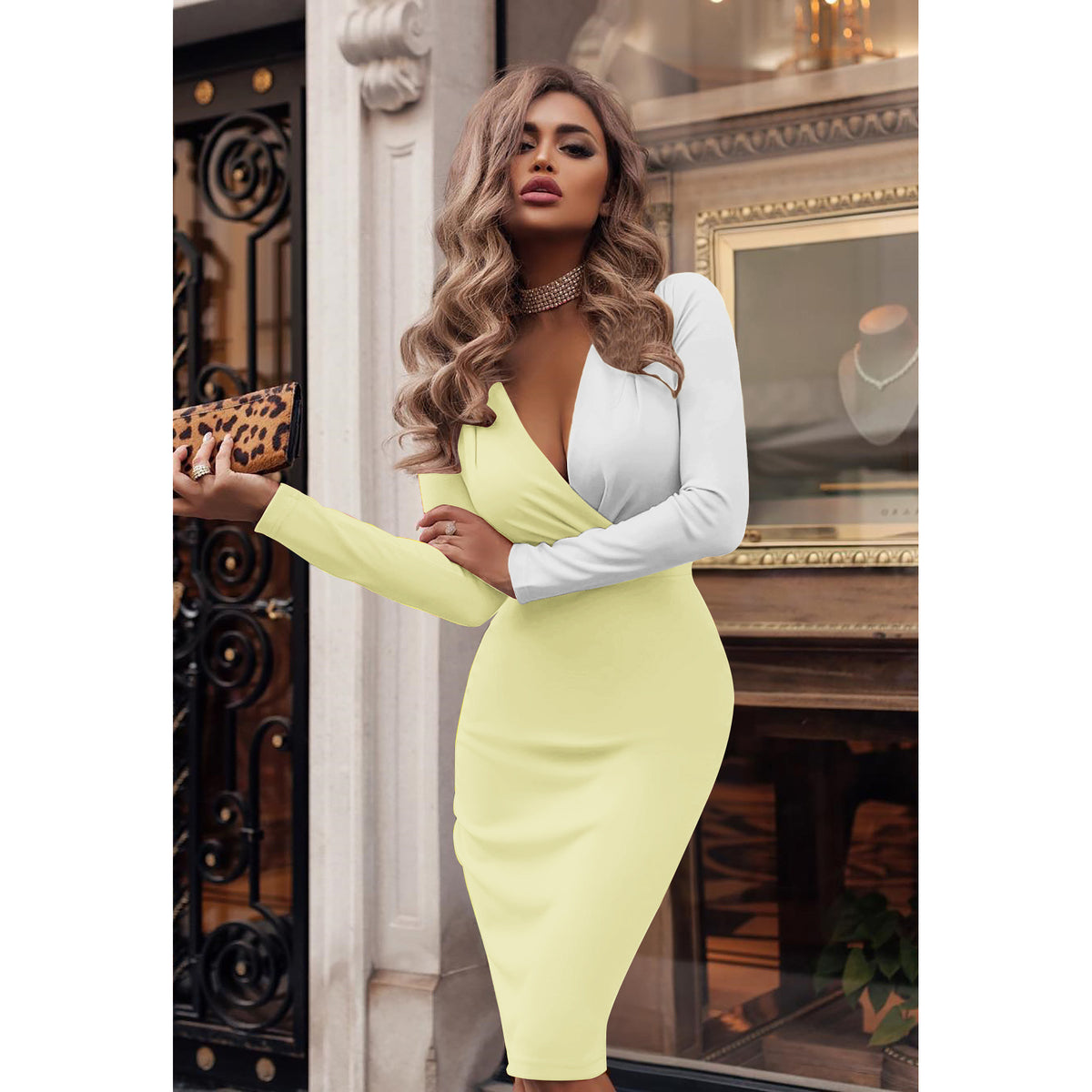 Jupe européenne et américaine Deep V Plied Colorblock Hip