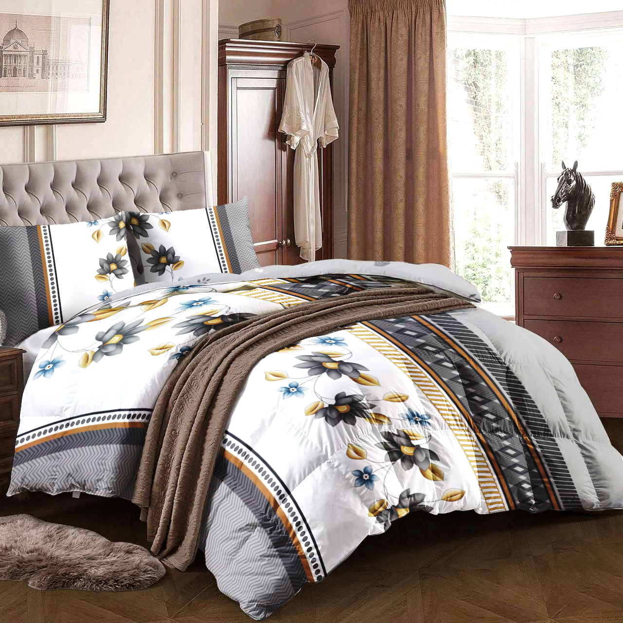 Ensemble de literie 4 piece gris et blanc de couette florale pour la Reine