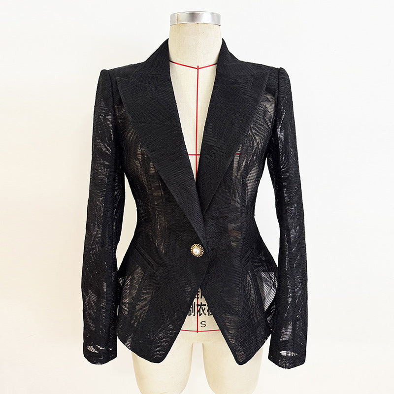 Veste de blazer broyée à simple bouton Sheer Leaf Jacquard