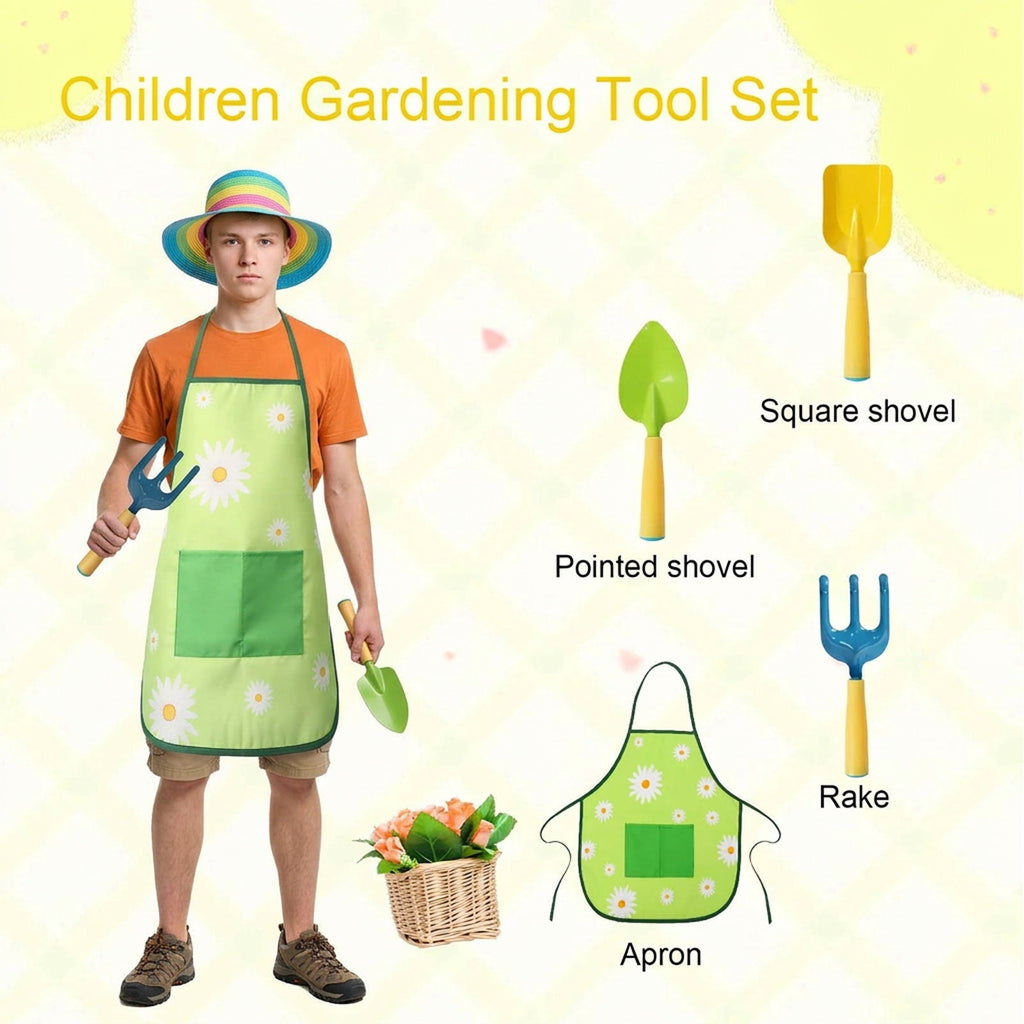 Ensemble d'outils de jardin 3 pièces en jaune avec Tablier Floral - Accessoires pratiques de jardin