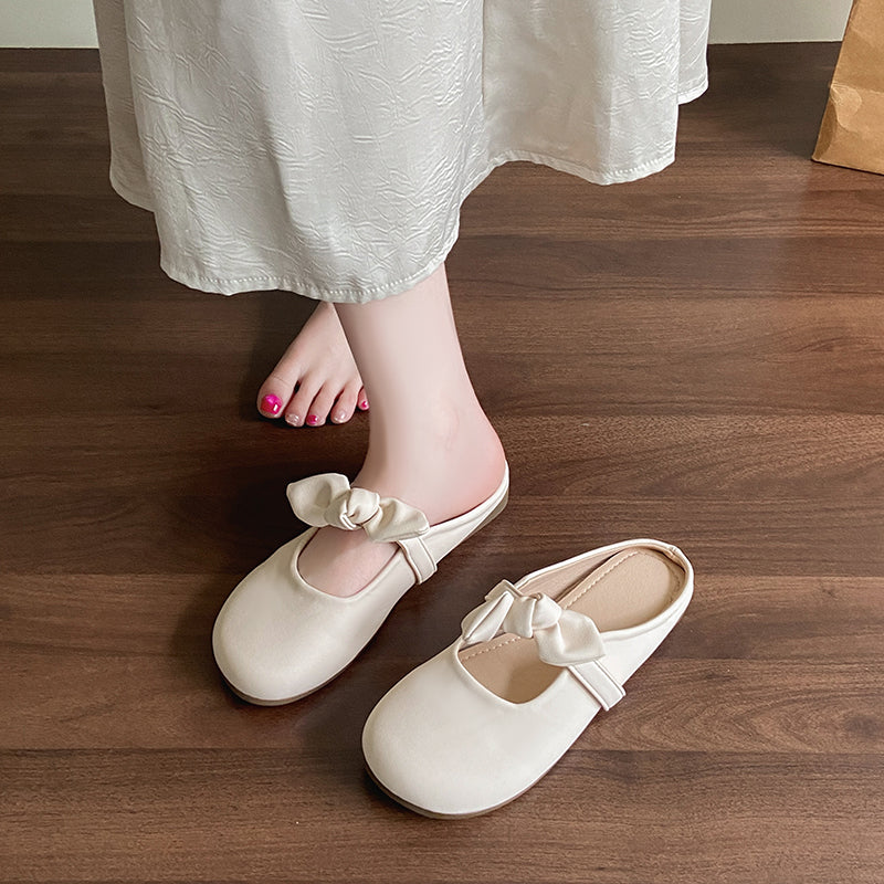 Women Gentle Girly Big Satin Bow Backless Mule Flats Matching Daily
