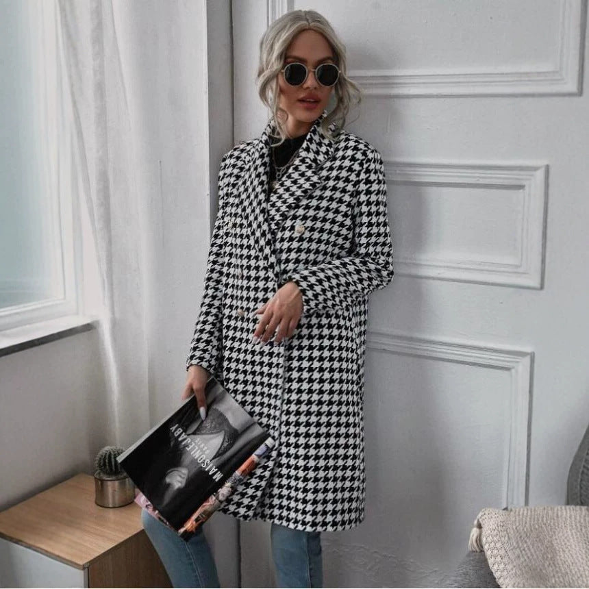Amazon AliExpress Automne et hiver Mode Houndstooth Imprimer long manteau de laine