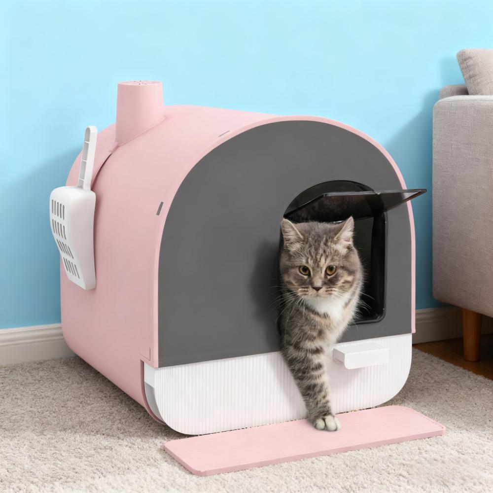 Boîte à litière pour chat rose avec couvercle et filtre