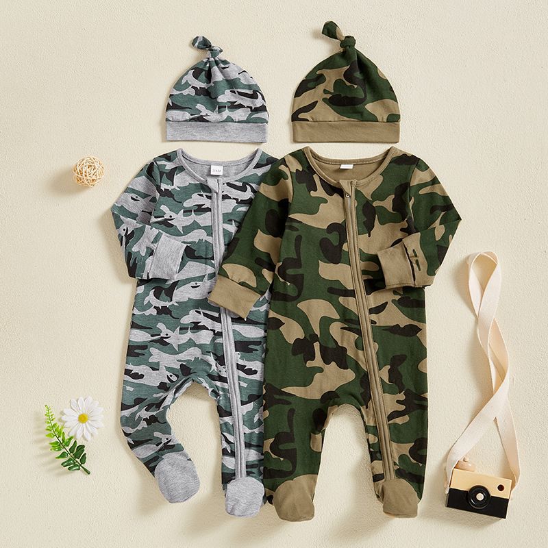 Creative Camouflage Print Zip-Up Baby Onesie et Hat Set