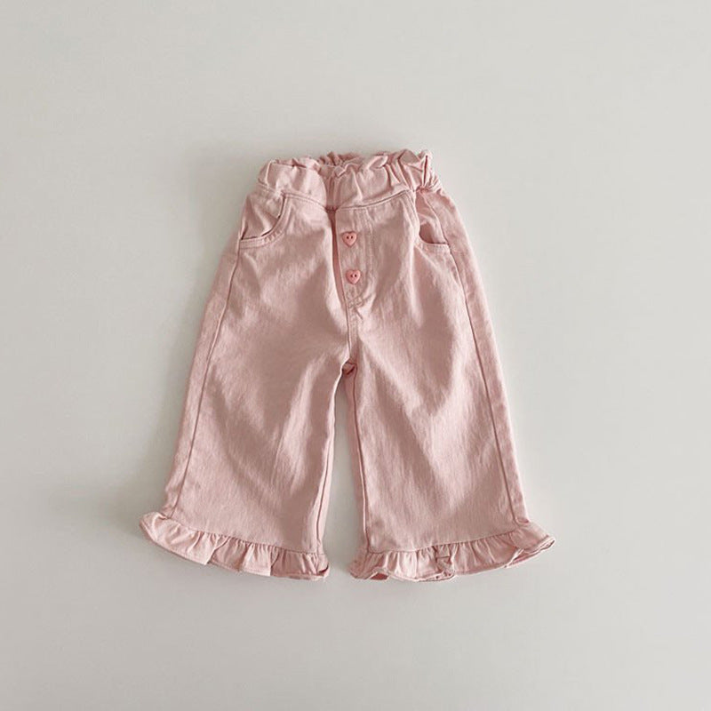 Printemps bébé fille Rétro oreille en bois Casual dentelle Pantalon large-lég enfant Pantalon de mode