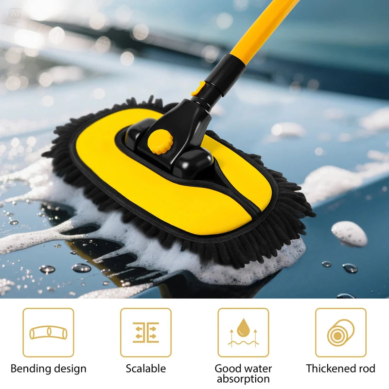 Car Wash Brush 15 Degree Adjustable Long Handle with 2 Microfiber Heads