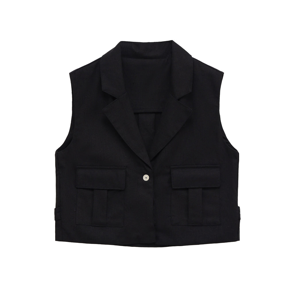 Women Retro Lapel Button Vest Black Pocket Sleeveless Waistcoat