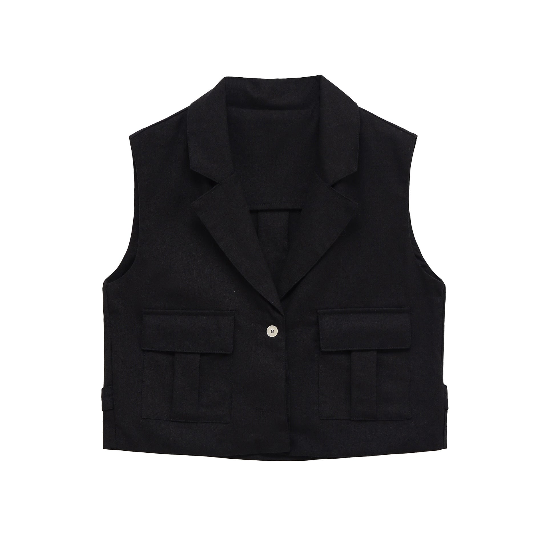 Femmes Retro Lapel Button Vest Black Pocket Waistcoat sans manches