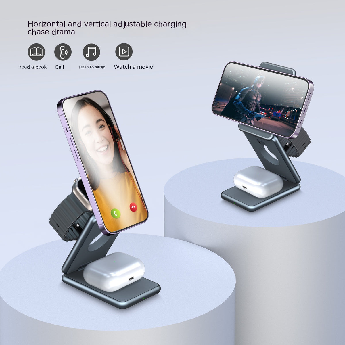 Aluminium Alliage pliant Support de charge sans fil Casque d'écoute pour téléphone portable Trois en un 1