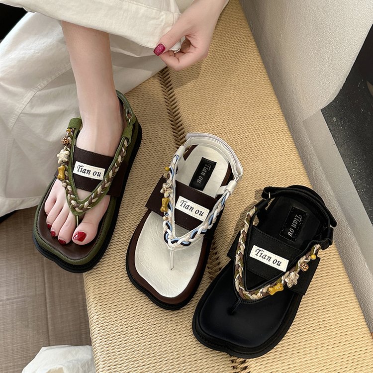 Femmes Boho Perled Woven Strap Platform Flip Flops