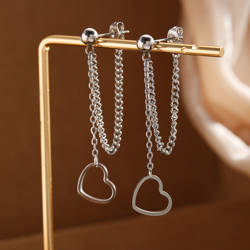 Femmes Boucles d'oreilles en dangle à cœur ouvert à creux Chaîne à double couche Boucles d'oreilles en drop