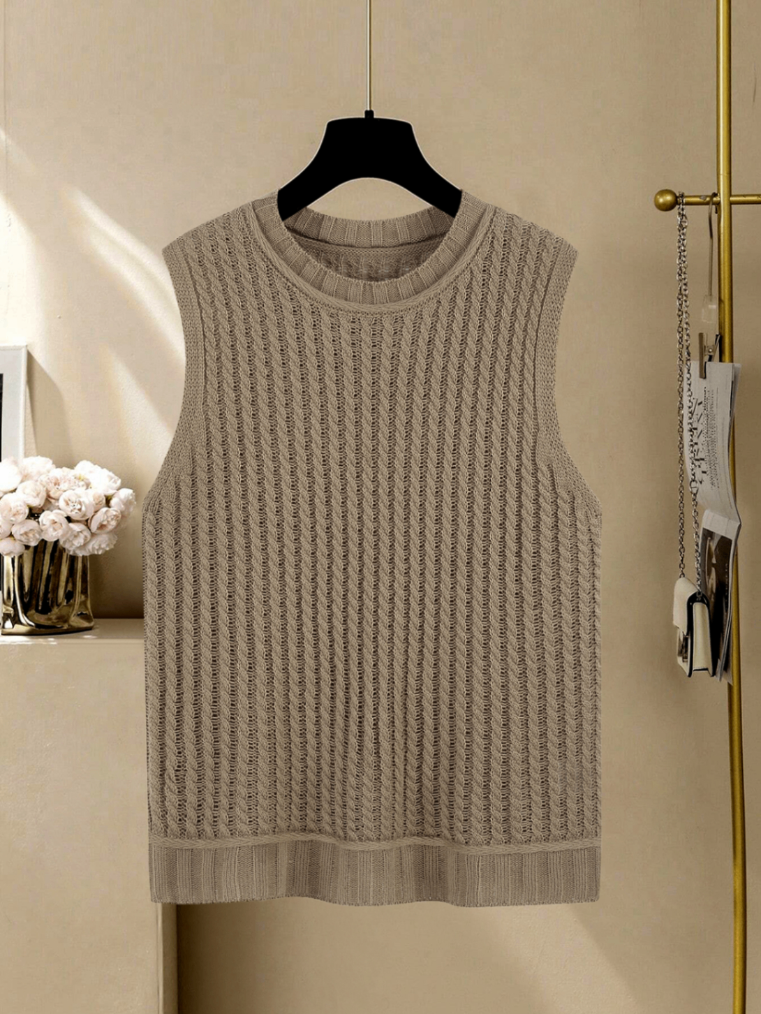 Câblodistribution sans manches pour femmes Chandail de sweater Vest Col d'équipage solide en acrylique
