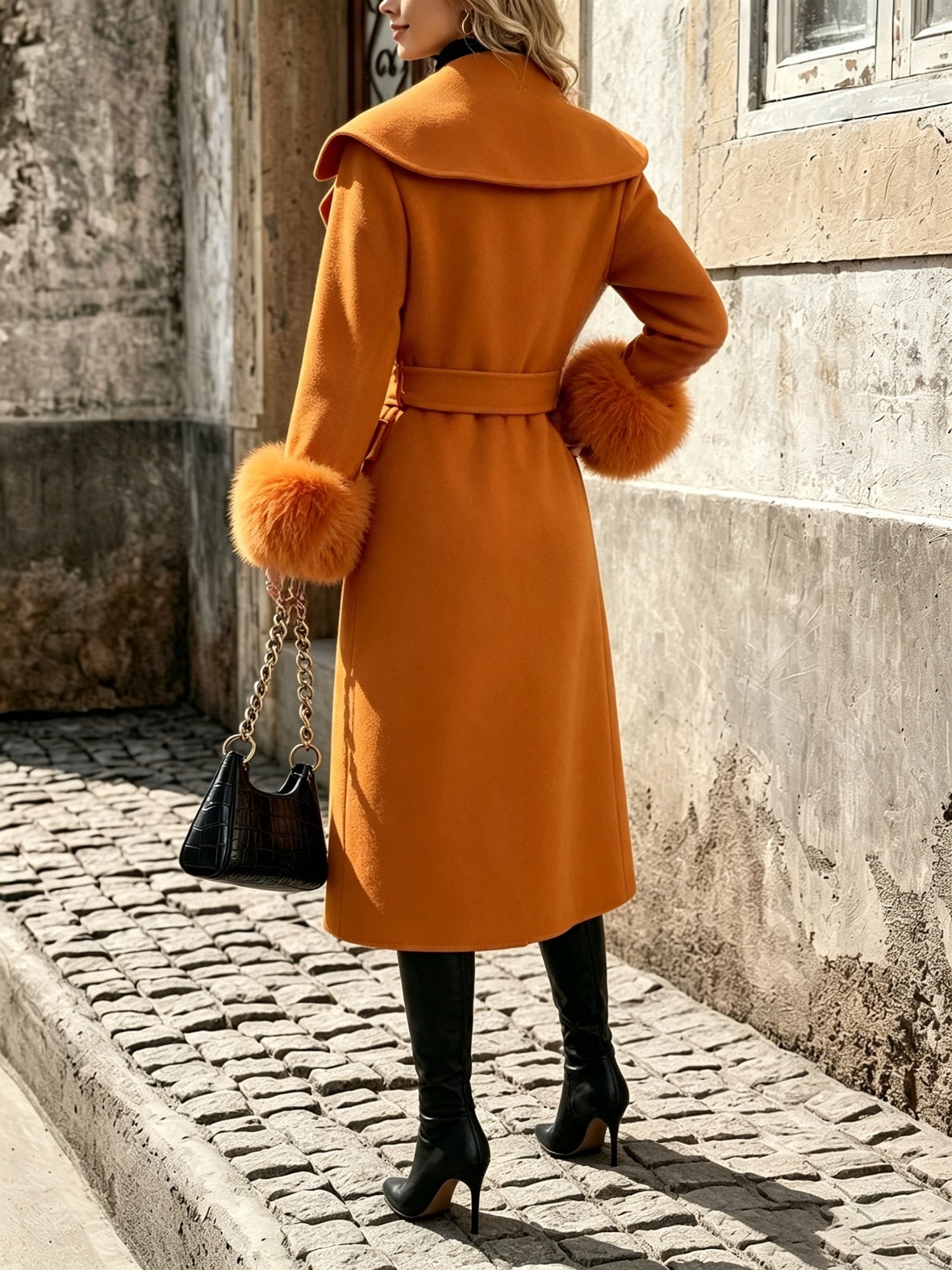 Femmes Ceinturées longue laine manteau de fourrure amovible