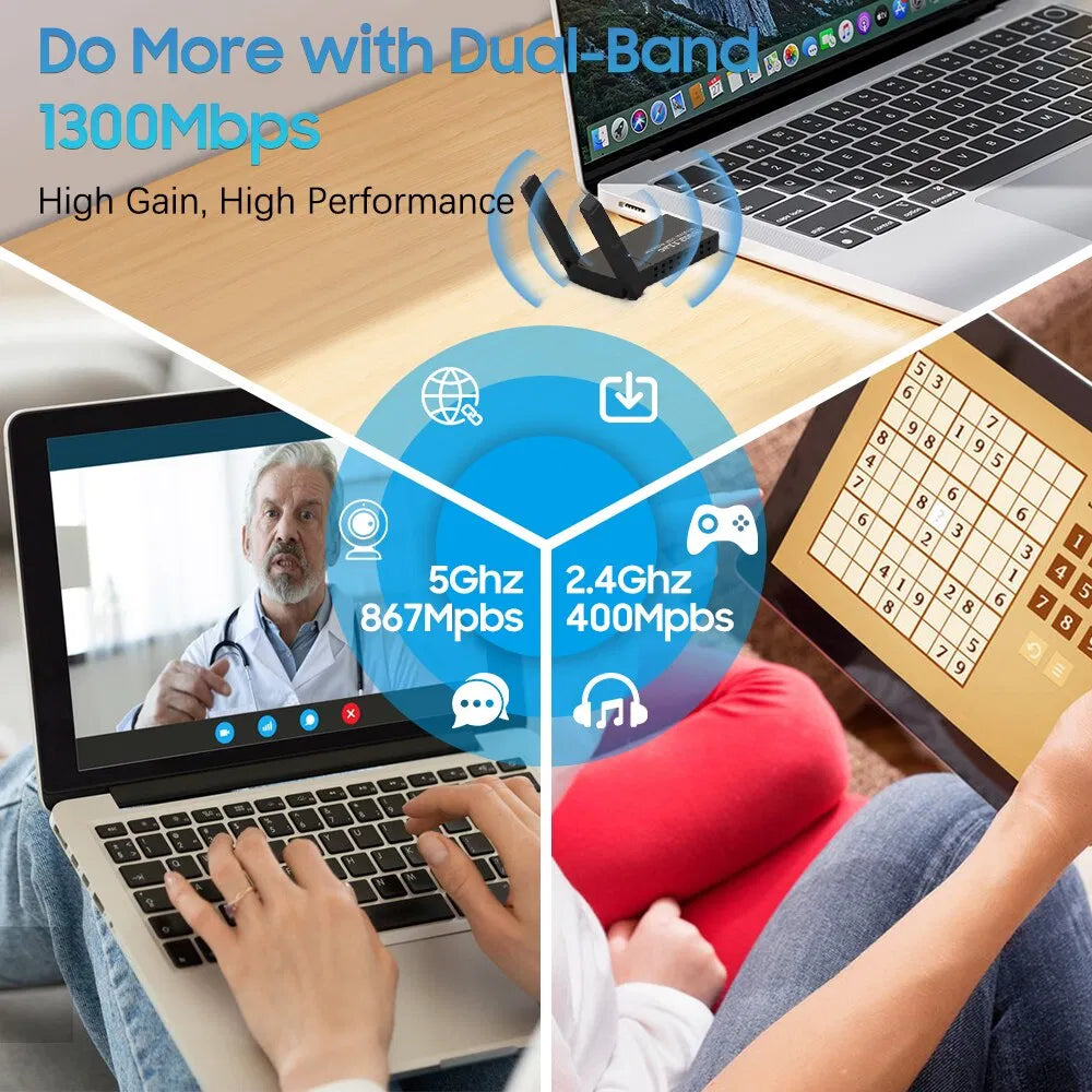 USB 3.0 Adaptateur WIFI sans fil 1300Mbps Long Range Dongle Dual Band 5Ghz Network