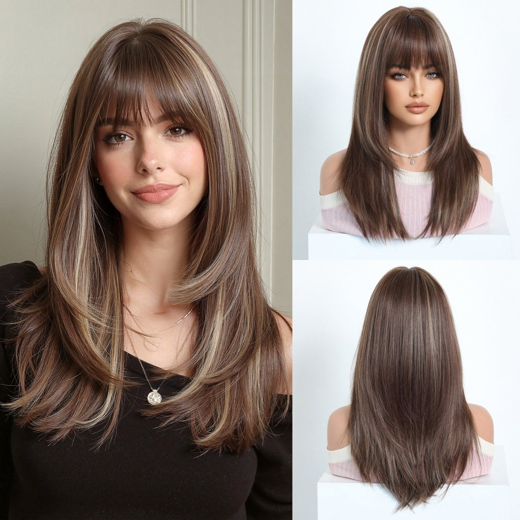Perruque synthétique haute température pour femmes avec capuchon de cheveux Bangs