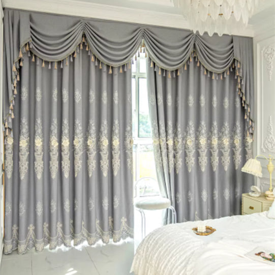 Embroidered curtain with thick black relief design Floor-length curtain