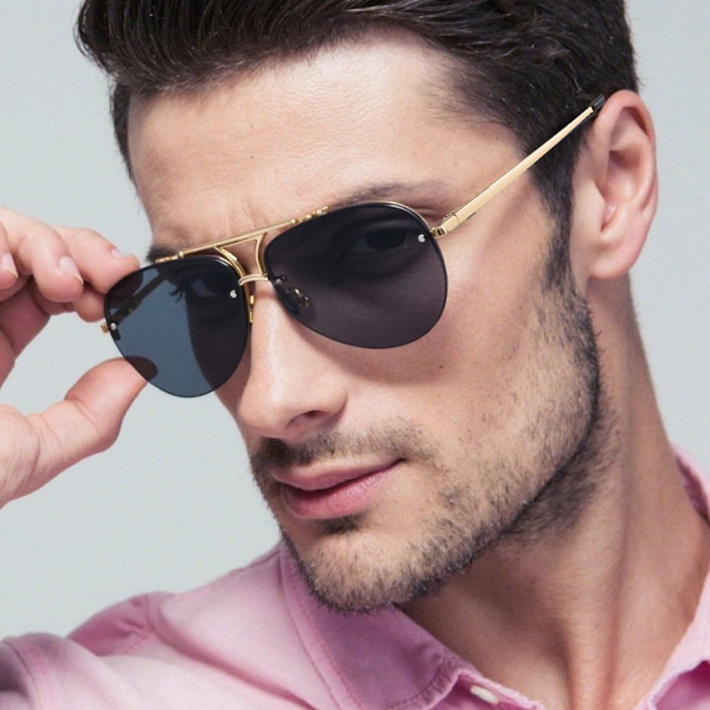 Lunettes de soleil en métal à demi-cadre pour homme
